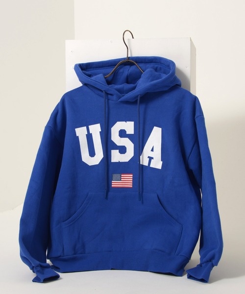 セール】【KOREAN SELECT】USA 星条旗 ロゴプリント 裏起毛 スウェット