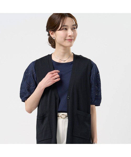 極美品 ネミカ リボンベルト付き コットンニットロングジレ ダークネイビー 11 セール】ニット ロングジレ レディース（ニット/セーター