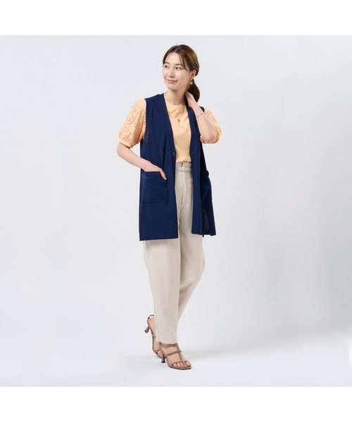 極美品 ネミカ リボンベルト付き コットンニットロングジレ ダークネイビー 11 セール】ニット ロングジレ レディース（ニット/セーター