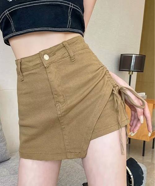 kirakiraShop(キラキラショップ)の「サイドリボン ラップスカート パンツ(デニムパンツ・レディース・ベージュ/ブラック・M/L)」の2枚目の写真