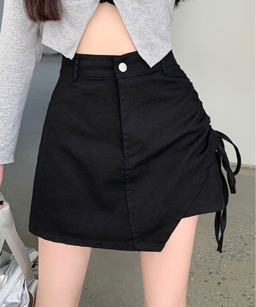 kirakiraShop(キラキラショップ)の「サイドリボン ラップスカート パンツ(デニムパンツ・レディース・ベージュ/ブラック・M/L)」の1枚目の写真