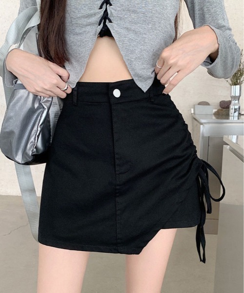 kirakiraShop(キラキラショップ)の「サイドリボン ラップスカート パンツ(デニムパンツ・レディース・ベージュ/ブラック・M/L)」の4枚目の写真