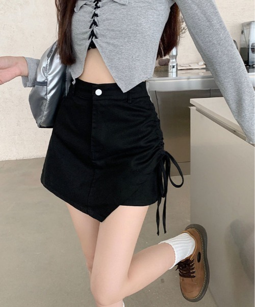 kirakiraShop(キラキラショップ)の「サイドリボン ラップスカート パンツ(デニムパンツ・レディース・ベージュ/ブラック・M/L)」の6枚目の写真