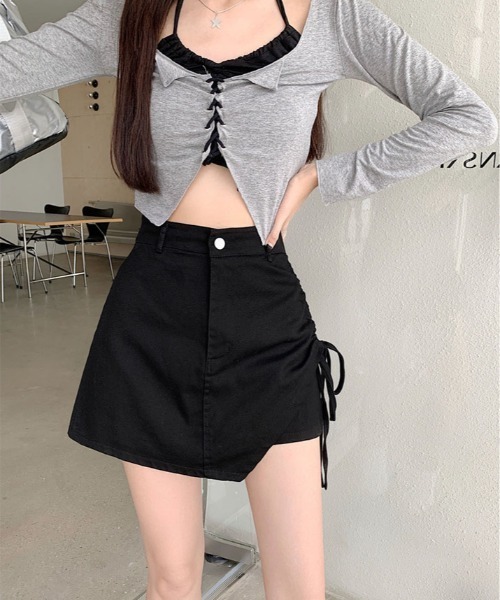 kirakiraShop(キラキラショップ)の「サイドリボン ラップスカート パンツ(デニムパンツ・レディース・ベージュ/ブラック・M/L)」の7枚目の写真