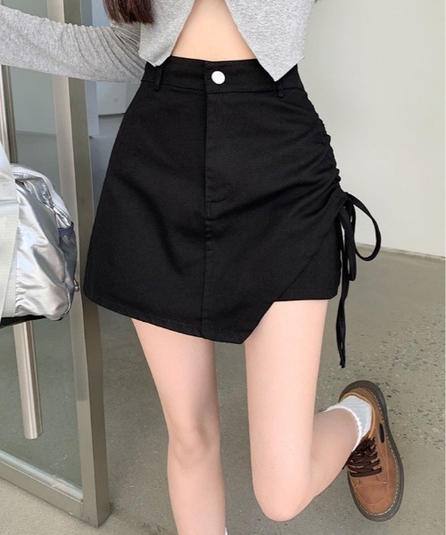 kirakiraShop(キラキラショップ)の「サイドリボン ラップスカート パンツ(デニムパンツ・レディース・ベージュ/ブラック・M/L)」の3枚目の写真