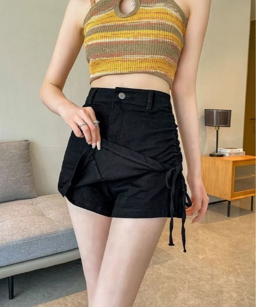 kirakiraShop(キラキラショップ)の「サイドリボン ラップスカート パンツ(デニムパンツ・レディース・ベージュ/ブラック・M/L)」の8枚目の写真