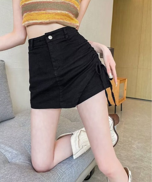 kirakiraShop(キラキラショップ)の「サイドリボン ラップスカート パンツ(デニムパンツ・レディース・ベージュ/ブラック・M/L)」の9枚目の写真
