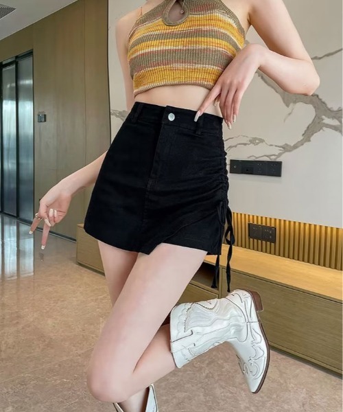 kirakiraShop(キラキラショップ)の「サイドリボン ラップスカート パンツ(デニムパンツ・レディース・ベージュ/ブラック・M/L)」の12枚目の写真