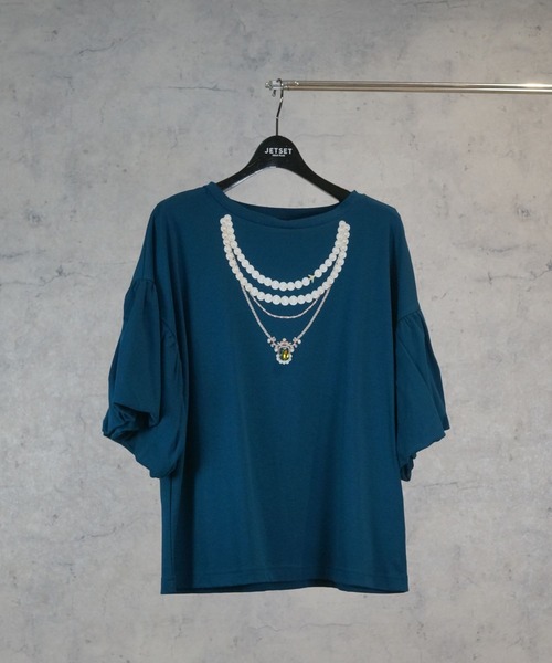 JETSET SOLO PLUS (ジェットセットソロプラス)の「【JETSET SOLO PLUS】ネックレスプリントシルケットTシャツ(Tシャツ/カットソー・レディース・ブラック/ブラウン/スモークピンク/ブルーグリーン・FREE)」の4枚目の写真