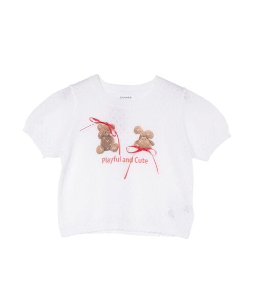 CALNAMUR(カルナムール)の「BEAR PRINT RIBBON KNIT /ベアプリントリボンニット(Tシャツ/カットソー・レディース・ライトブルー/ホワイト/ピンク・FREE)」の1枚目の写真