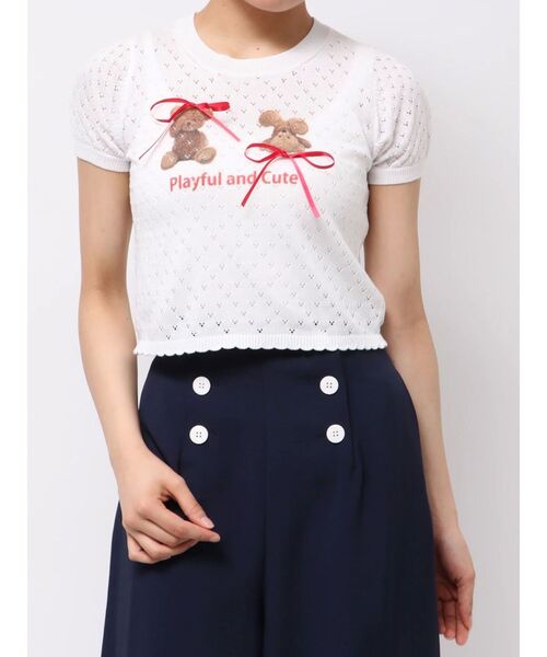 CALNAMUR(カルナムール)の「BEAR PRINT RIBBON KNIT /ベアプリントリボンニット(Tシャツ/カットソー・レディース・ライトブルー/ホワイト/ピンク・FREE)」の5枚目の写真
