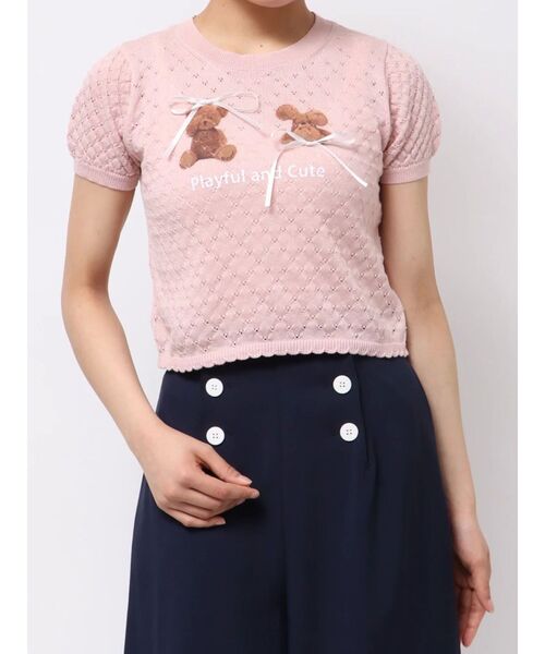 CALNAMUR(カルナムール)の「BEAR PRINT RIBBON KNIT /ベアプリントリボンニット(Tシャツ/カットソー・レディース・ライトブルー/ホワイト/ピンク・FREE)」の6枚目の写真