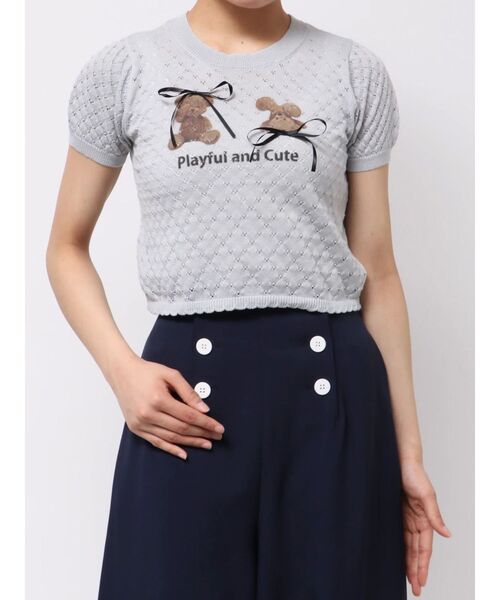 CALNAMUR(カルナムール)の「BEAR PRINT RIBBON KNIT /ベアプリントリボンニット(Tシャツ/カットソー・レディース・ライトブルー/ホワイト/ピンク・FREE)」の7枚目の写真