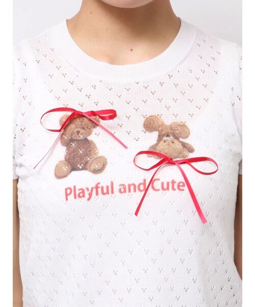 CALNAMUR(カルナムール)の「BEAR PRINT RIBBON KNIT /ベアプリントリボンニット(Tシャツ/カットソー・レディース・ライトブルー/ホワイト/ピンク・FREE)」の11枚目の写真