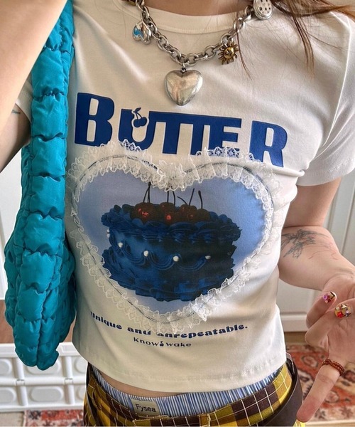 AsRiRe(アスリレイ)の「ハートケーキプリント×レース 半袖Tシャツ(Tシャツ/カットソー・レディース・ホワイト・M)」の1枚目の写真