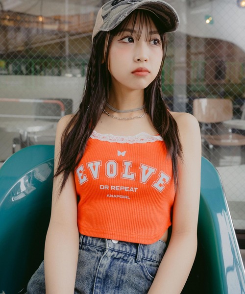 ANAP GｉRL（アナップガール）の「レース付 メッセージパッド入りキャミソール（キャミソール・キッズ・ブラック/オレンジ/オフホワイト・S/M/XS）」の12枚目の写真
