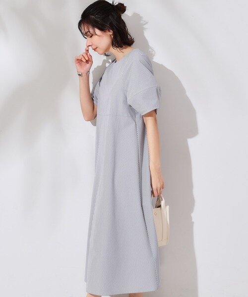 完売:新品タグ付OPAQUE.CLIP サッカーストライプワンピース ピンクXL サッカーストライプワンピース【吸水速乾/イージーアイロン/洗濯