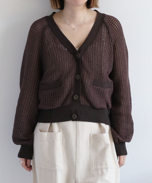 cepo（セポ）の「透かし編みミックスカラーVネックカーディガン（カーディガン/ボレロ・レディース・イエロー/ブラウン/オフホワイト・M）」の3枚目の写真