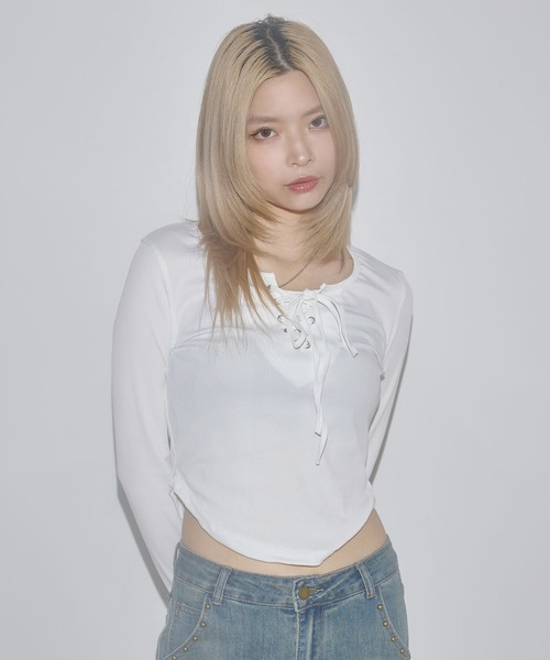 MSGirl(エムエスジーガール)の「レースアップサマーカットソー(Tシャツ/カットソー・レディース・ホワイト/グレー/ブラック・S/M/L)」の1枚目の写真