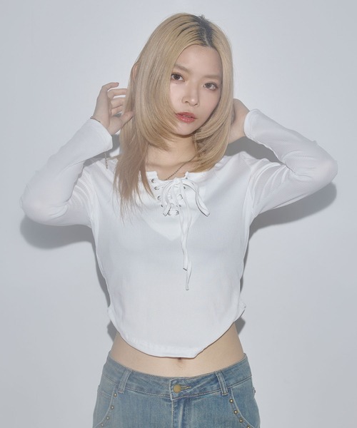 MSGirl(エムエスジーガール)の「レースアップサマーカットソー(Tシャツ/カットソー・レディース・ホワイト/グレー/ブラック・S/M/L)」の4枚目の写真