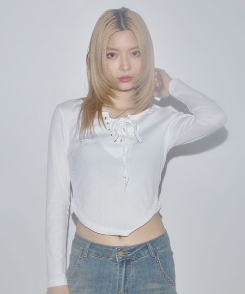 MSGirl(エムエスジーガール)の「レースアップサマーカットソー(Tシャツ/カットソー・レディース・ホワイト/グレー/ブラック・S/M/L)」の5枚目の写真
