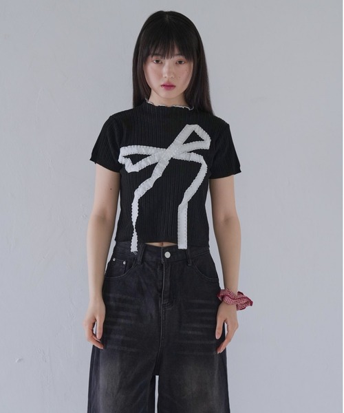Uenui(ウニュイ)の「ビッグ リボン ショート リブ トップス(Tシャツ/カットソー・レディース・ホワイト/グレー/ブラック・FREE)」の10枚目の写真