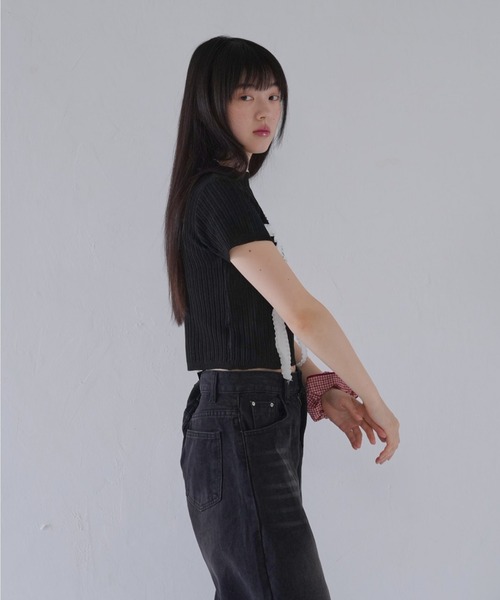 Uenui(ウニュイ)の「ビッグ リボン ショート リブ トップス(Tシャツ/カットソー・レディース・ホワイト/グレー/ブラック・FREE)」の12枚目の写真