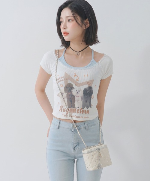 Diable baiser(ディアブルベーゼ)の「DOGプリントキャミ重ね風カットソートップス(Tシャツ/カットソー・レディース・ホワイト/ピンク/イエロー・FREE)」の1枚目の写真