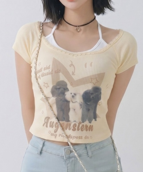 Diable baiser(ディアブルベーゼ)の「DOGプリントキャミ重ね風カットソートップス(Tシャツ/カットソー・レディース・ホワイト/ピンク/イエロー・FREE)」の2枚目の写真