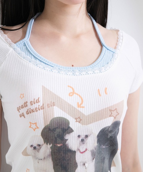 Diable baiser(ディアブルベーゼ)の「DOGプリントキャミ重ね風カットソートップス(Tシャツ/カットソー・レディース・ホワイト/ピンク/イエロー・FREE)」の8枚目の写真