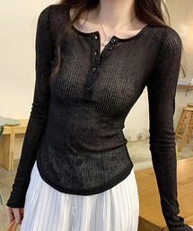 リブシアーヘンリーネックトップス