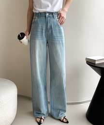 ウォッシュド加工ハイウエストストレートデニムパンツ