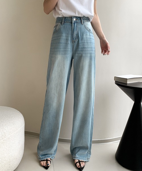 2色 デニム パンツ ウォッシュ加工 ハイウエスト ストリート 6 ストリート ウォッシュ加工ポケットデニムパンツ P257 | wshot