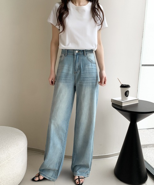 セール】ウォッシュド加工ハイウエストストレートデニムパンツ