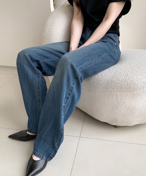 デニム ハイウエスト パンツ ストレート ウオッシュ加工 4 セール】ウォッシュド加工ハイウエストストレートデニムパンツ