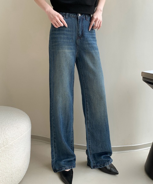 デニム ハイウエスト パンツ ストレート ウオッシュ加工 4 セール】ウォッシュド加工ハイウエストストレートデニムパンツ