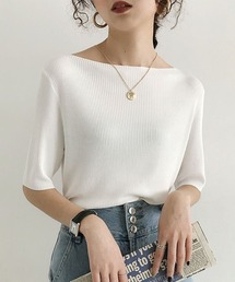 Jayro（ジャイロ）の「5分袖ボートネックリブ編みニットプルオーバー（ニット/セーター）」