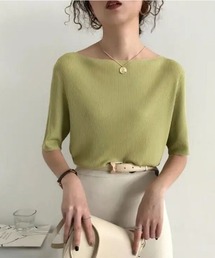 Jayro（ジャイロ）の「5分袖ボートネックリブ編みニットプルオーバー（ニット/セーター）」