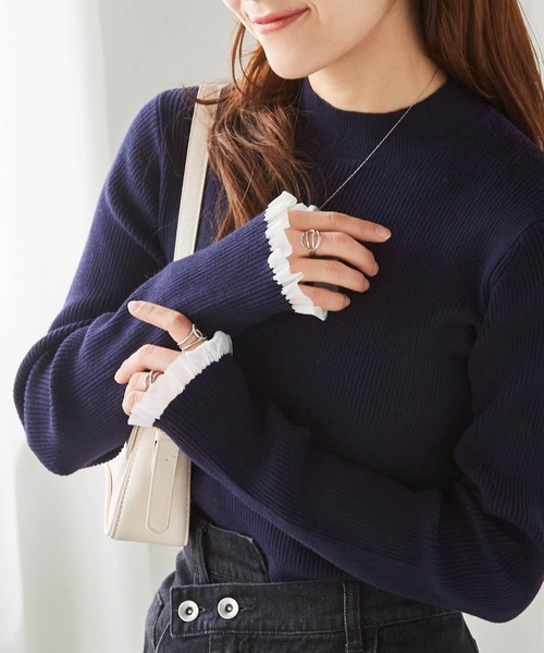 RANAN（ラナン）の「［26SS新色追加］もちもちタッチ　シアーフリルハイネックリブニット（ニット/セーター・レディース・アイボリー/ブラック/グレー/ボルドー/ネイビー/ピンク/ブルー・M/L/LL）」の4枚目の写真