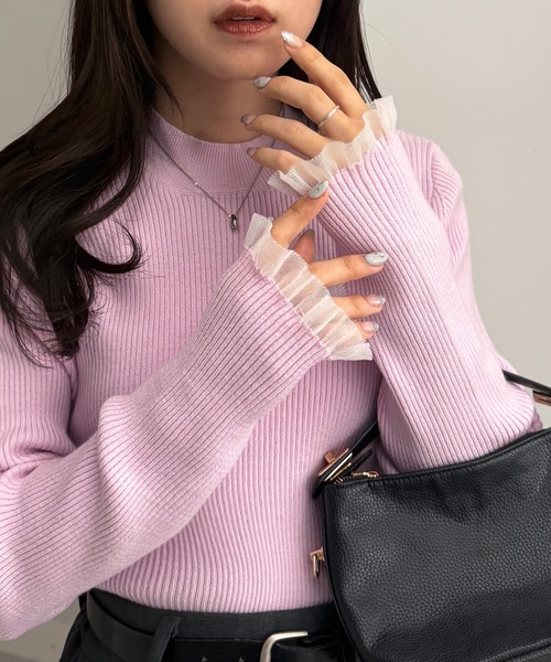 RANAN（ラナン）の「［26SS新色追加］もちもちタッチ　シアーフリルハイネックリブニット（ニット/セーター・レディース・アイボリー/ブラック/グレー/ボルドー/ネイビー/ピンク/ブルー・M/L/LL）」の6枚目の写真