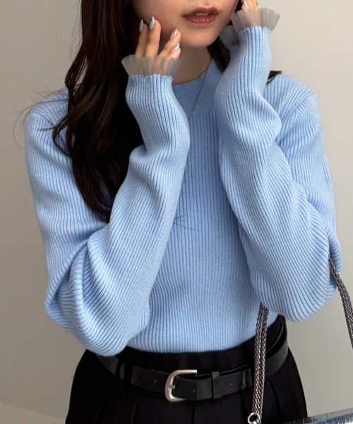 RANAN（ラナン）の「［26SS新色追加］もちもちタッチ　シアーフリルハイネックリブニット（ニット/セーター・レディース・アイボリー/ブラック/グレー/ボルドー/ネイビー/ピンク/ブルー・M/L/LL）」の5枚目の写真