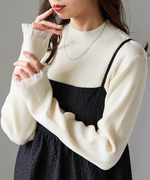 RANAN（ラナン）の「［26SS新色追加］もちもちタッチ　シアーフリルハイネックリブニット（ニット/セーター・レディース・アイボリー/ブラック/グレー/ボルドー/ネイビー/ピンク/ブルー・M/L/LL）」の2枚目の写真