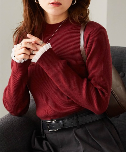 セール】もちもちタッチ シアーフリルハイネックリブニット（ニット