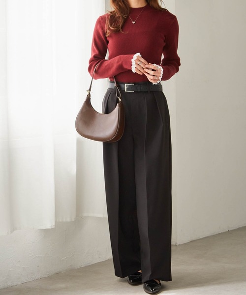 RANAN（ラナン）の「［26SS新色追加］もちもちタッチ　シアーフリルハイネックリブニット（ニット/セーター・レディース・アイボリー/ブラック/グレー/ボルドー/ネイビー/ピンク/ブルー・M/L/LL）」の9枚目の写真