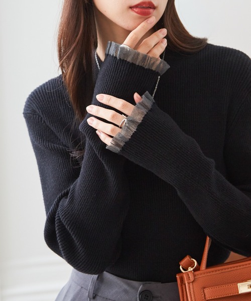 セール】もちもちタッチ シアーフリルハイネックリブニット