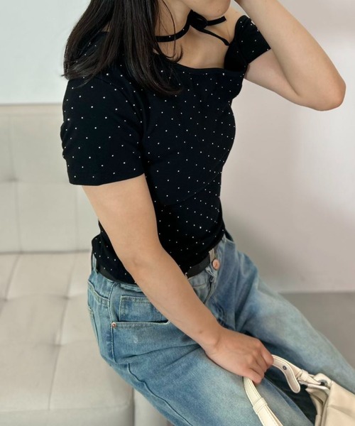 mebole(メボレ)の「Dot Ribbon One-Shoulder Top(Tシャツ/カットソー・レディース・グレー/ブラック・FREE)」の8枚目の写真