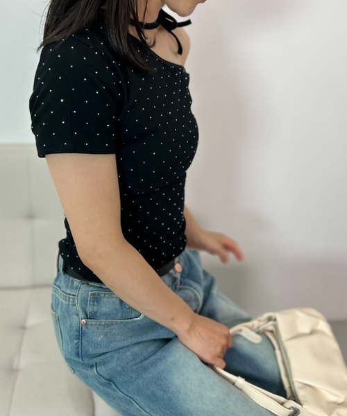 mebole(メボレ)の「Dot Ribbon One-Shoulder Top(Tシャツ/カットソー・レディース・グレー/ブラック・FREE)」の9枚目の写真