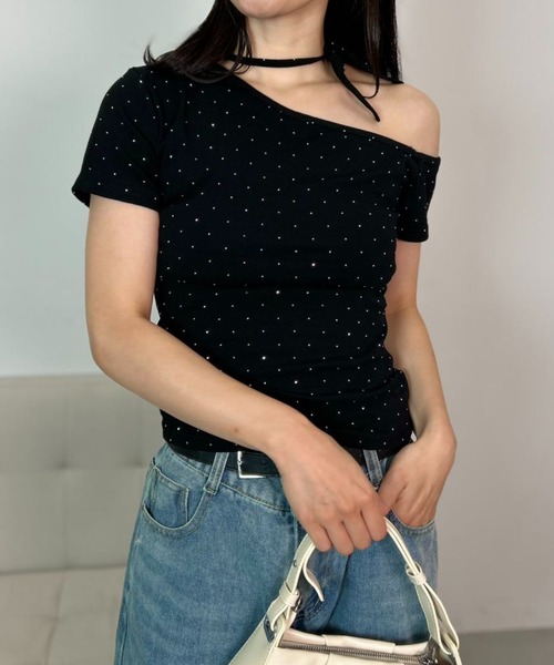 mebole(メボレ)の「Dot Ribbon One-Shoulder Top(Tシャツ/カットソー・レディース・グレー/ブラック・FREE)」の3枚目の写真