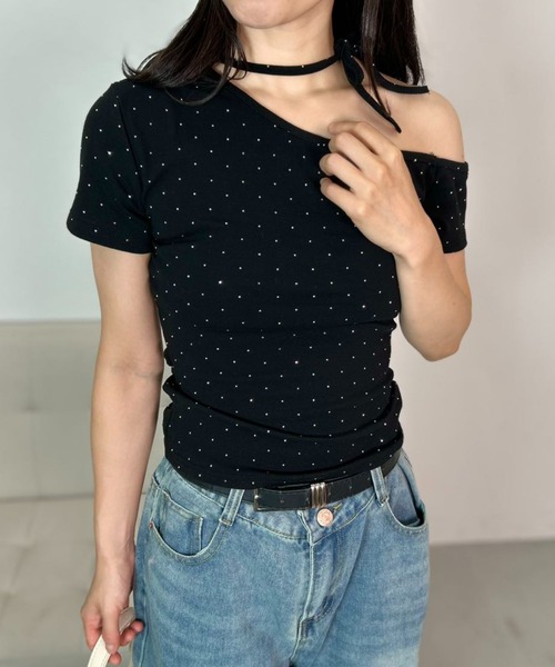 mebole(メボレ)の「Dot Ribbon One-Shoulder Top(Tシャツ/カットソー・レディース・グレー/ブラック・FREE)」の4枚目の写真