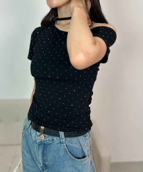 mebole(メボレ)の「Dot Ribbon One-Shoulder Top(Tシャツ/カットソー・レディース・グレー/ブラック・FREE)」の7枚目の写真